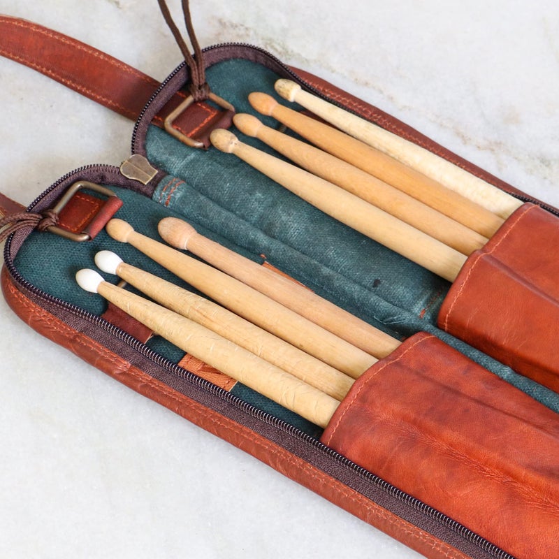 WerKens Leather Drumstick Bag Floor Tom Hooks Holds 4-5 Pairs Drum Sticks Mallets Brushes Percussion Drum Stick Bag Easy Carry Handles Drummer Gift (Brown) â€“ DSB007 - Image 5